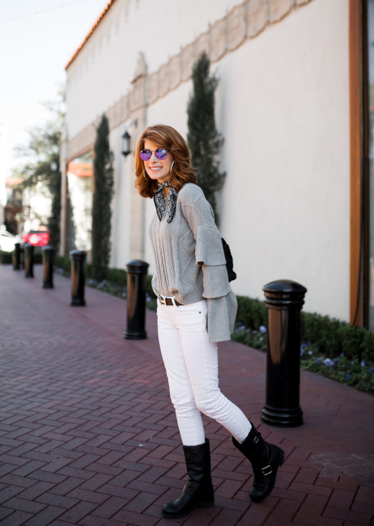 Gray Ruffle Sleeve Sweater- Cotton Bell Sleeve Sweater- Dallas Fashion Blogger