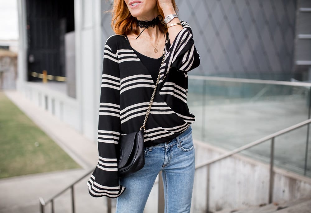 Women Black & White Stripe Top With Lounge Pants
