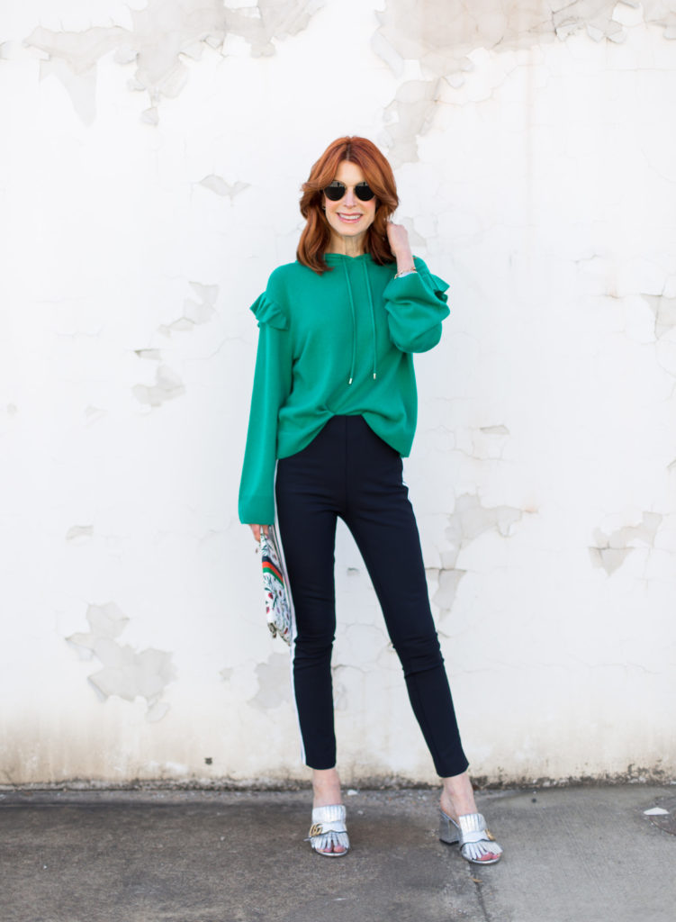 Navy and White Track Pant with Kelly Green Sweater