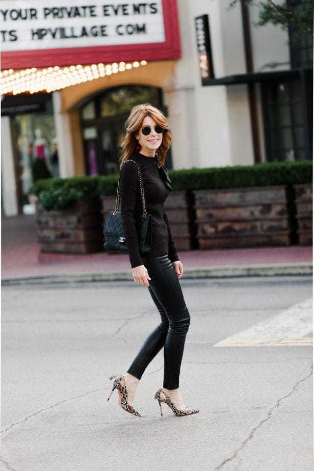 Black leather pants with Brown Bow Sweater