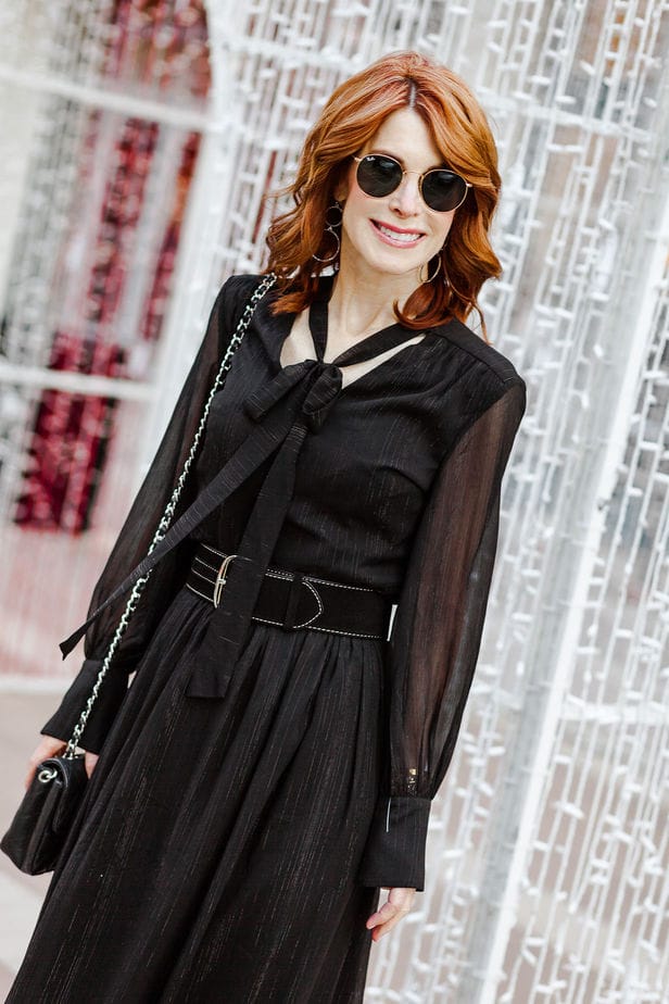 Black maxi dress with lurex and neck tie 