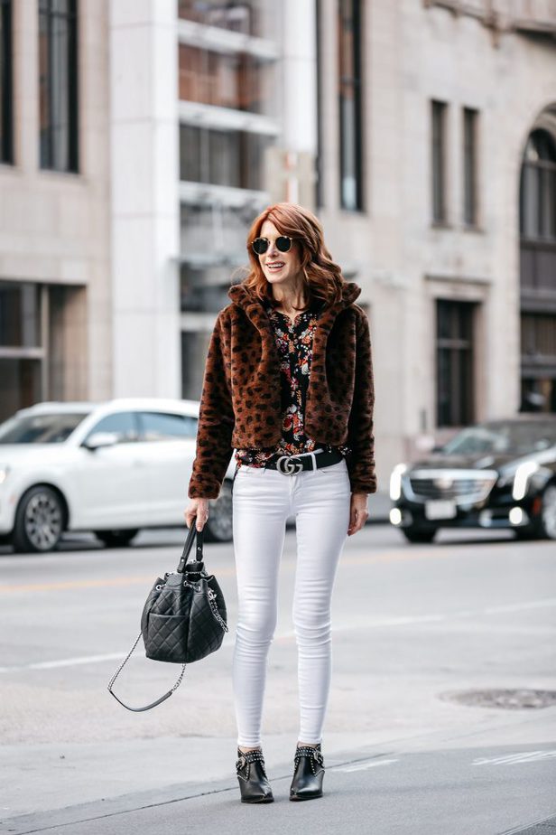 Faux Fur Leopard Cropped Jacket with Floral Shirt and White Jeans