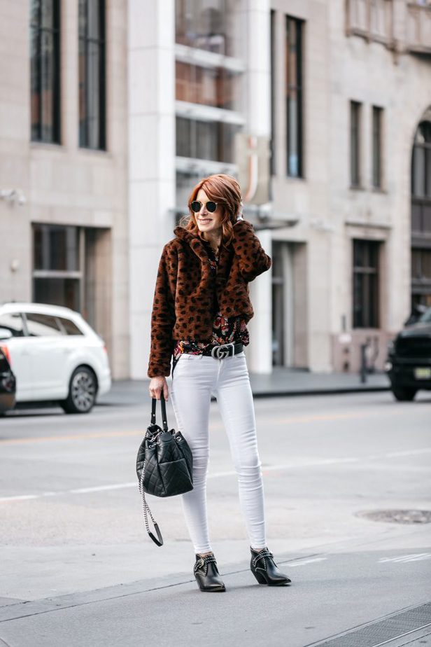 Faux Fur Leopard Cropped Jacket with Floral Shirt and White Jeans