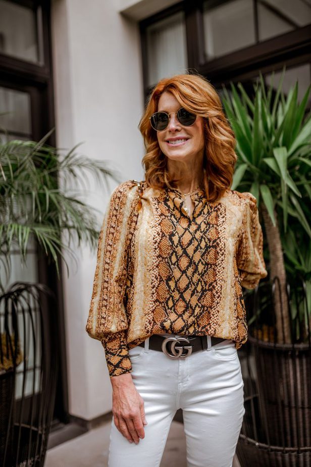 Snake Print Blouse + White Denim Outfit | The MIddle Page