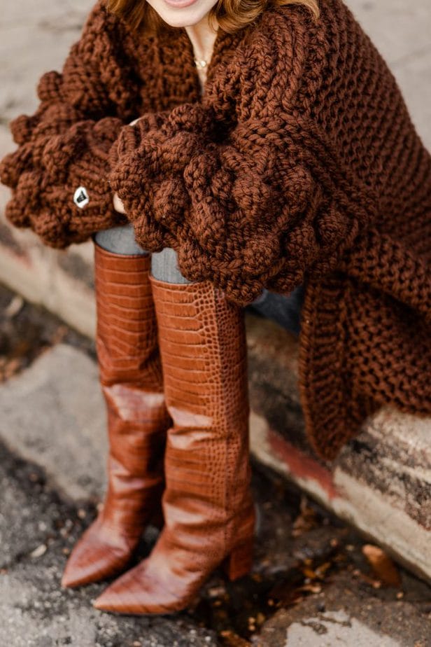 Dallas Blogger Cathy Williamson wearing hand made Mumshandmade Sweater with Moda Operandi Boots