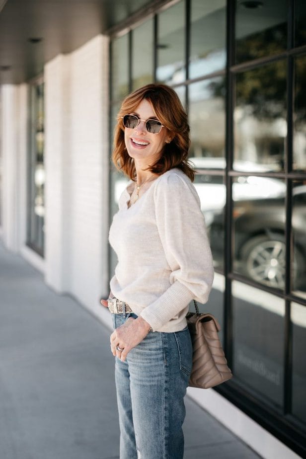 Cathy Williamson wearing Rachel Parcell puff sleeve sweater