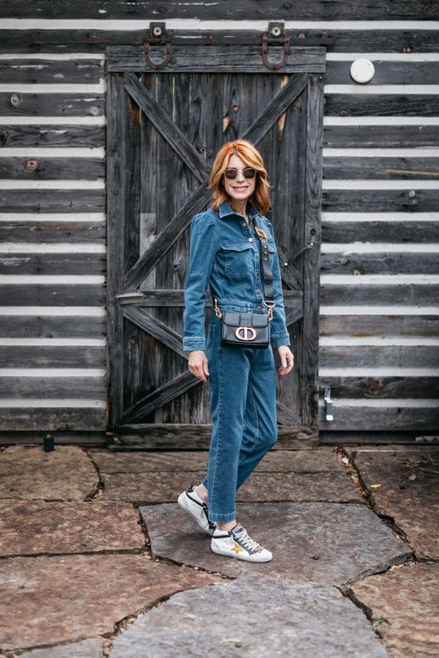 Denim Jumpsuit with Golden Goose Sneakers on Dallas Blogger