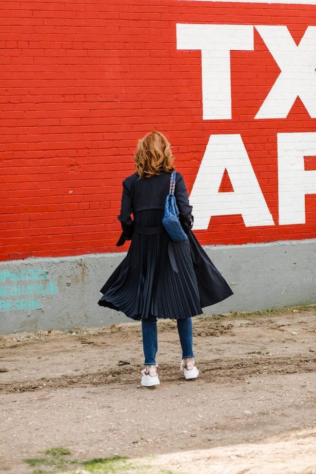 Navy pleated back trench coat from Sandro on Dallas Blogger