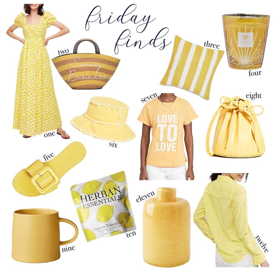 a collage of yellow clothes, bags, accessories, and household items for SUNNY SUMMER YELLOW