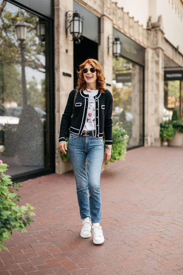 woman smiling and walking 