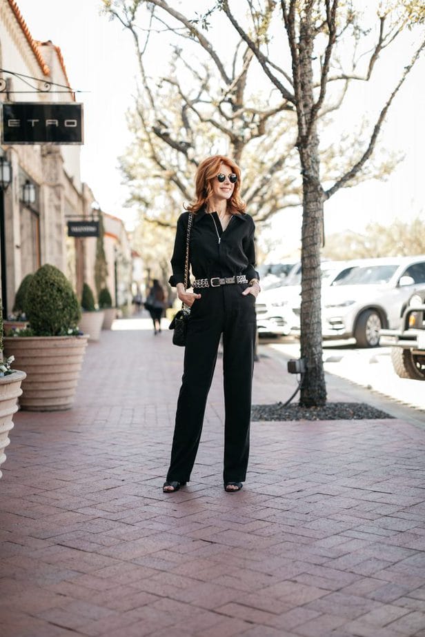 woman wearing BLACK JUMPSUIT 