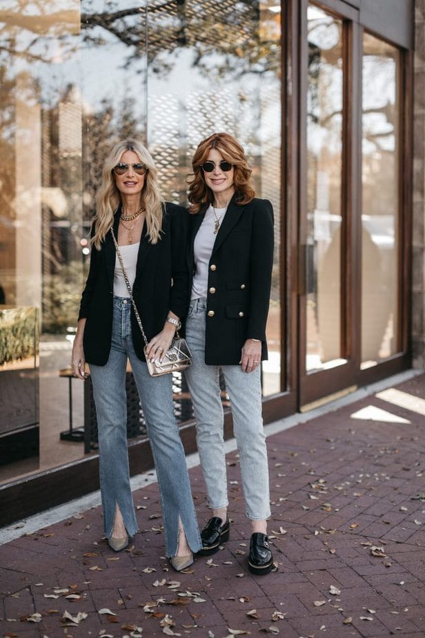 two women standing and wearing Black Blazer And Jeans