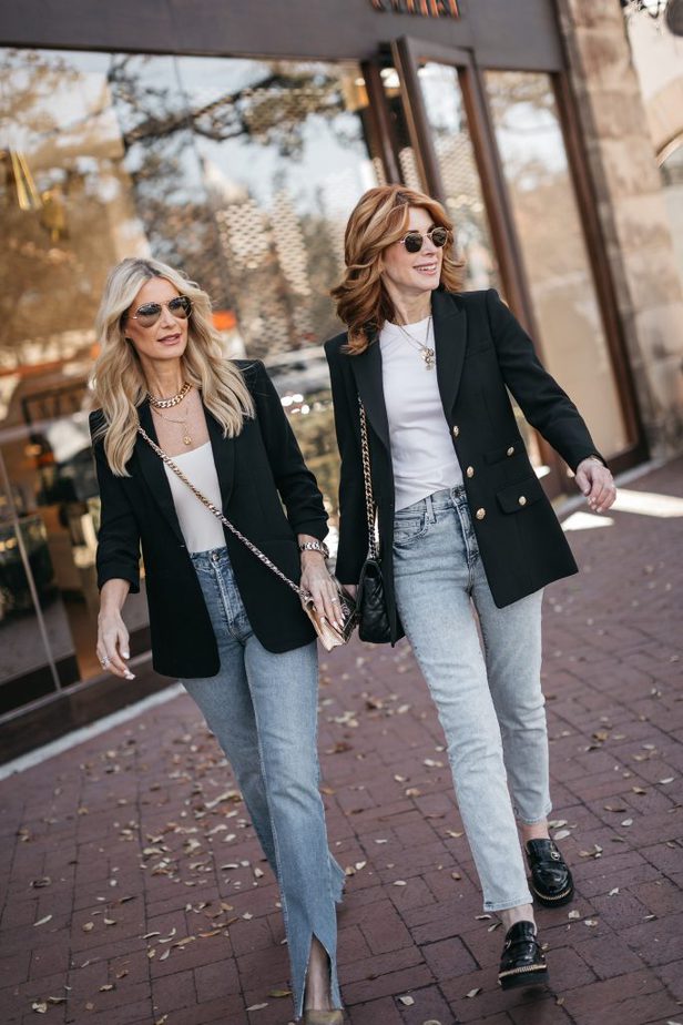 two women in Black Blazer And Jeans