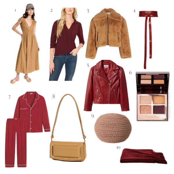 collage of BURGUNDY AND TAN clothes, accessories, and makeup 