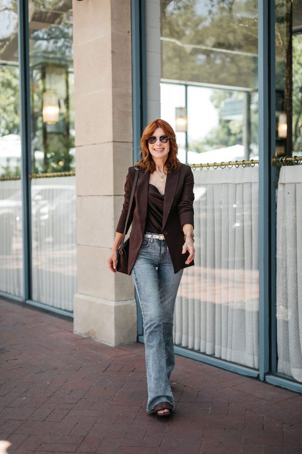 woman wearing CHOCOLATE BROWN BOYFRIEND BLAZER and denim jeans 
