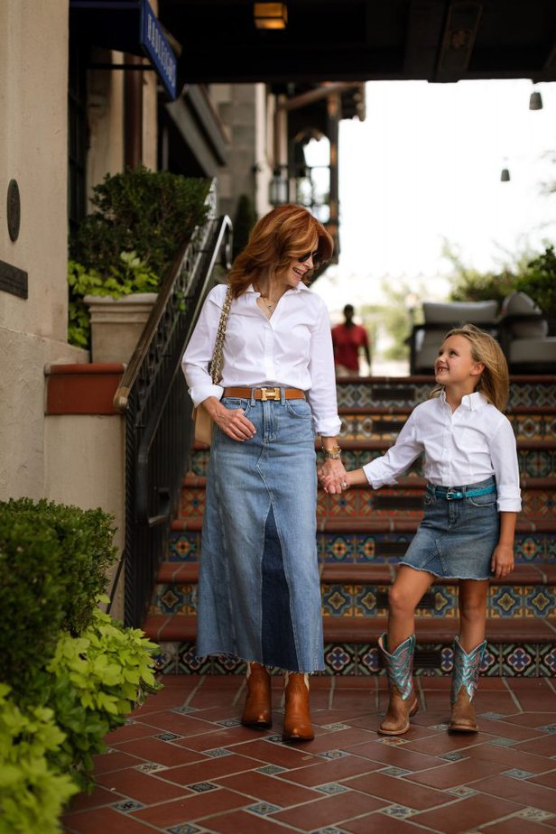 White Shirts and Denim Skirts worn by kid and woman