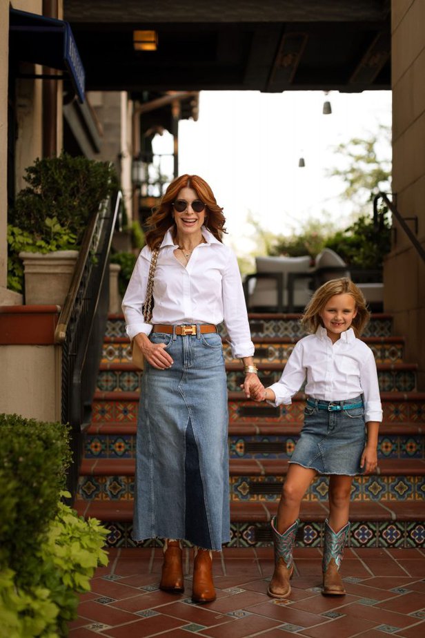 White Shirts and Denim Skirts worn by kid and woman with leather boots
