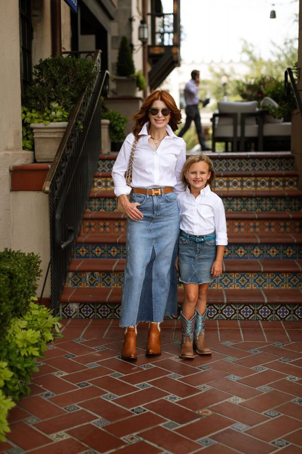WOMAN AND KID IN White Shirts and Denim Skirts