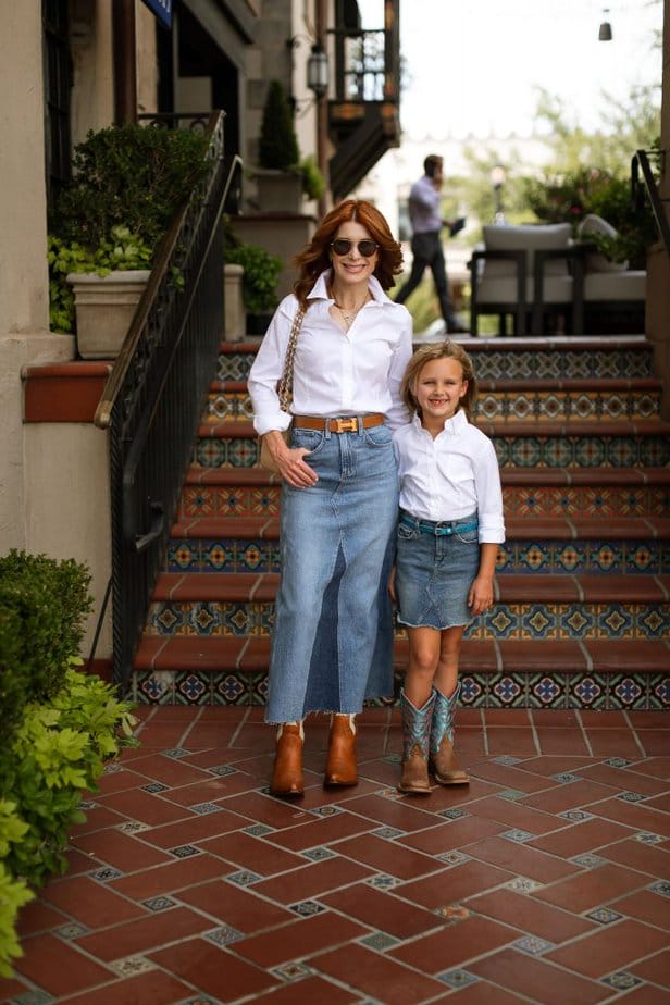 Denim skirt sale and white top