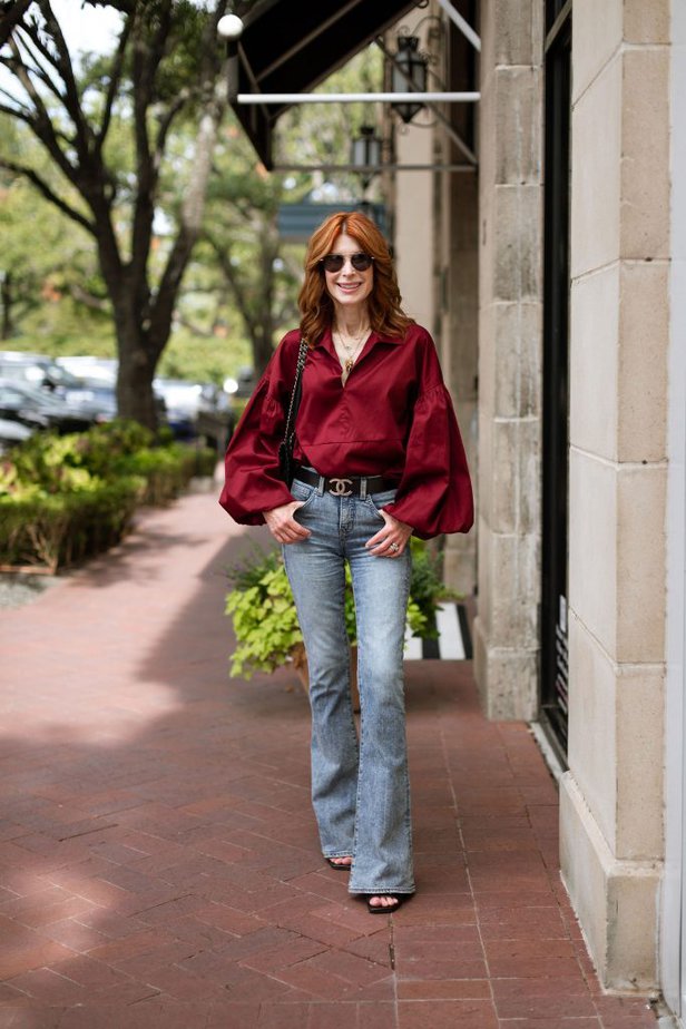 Dallas fashion blogger wearing Canari blouse as example of Best tops for Women Over 50.