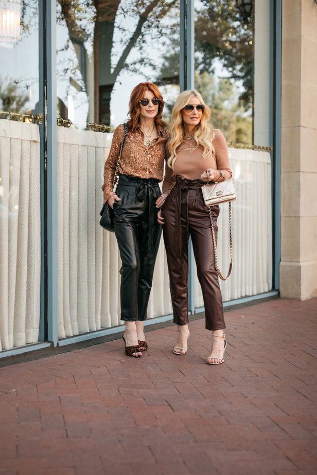 Dallas fashion blogger over 50 wearing paper-bag waist pants.